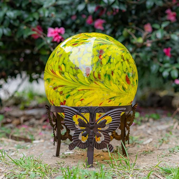 Wrought Iron Gazing Ball Stand for 10 or 12 Inch Gazing Balls – Low-Profile Garden Orb Holder, Outdoor Decorative Display for Yard, Patio, and Lawn Decor，Butterfly