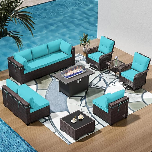 11 Pieces Outdoor Patio Furniture Set Outdoor Furniture Patio Sectional Sofa Conversation Sets w/ETL Approved 45" Gas Outdoor Fire Table & Coffee Table, Swivel Rocking Chair (Turquoise)