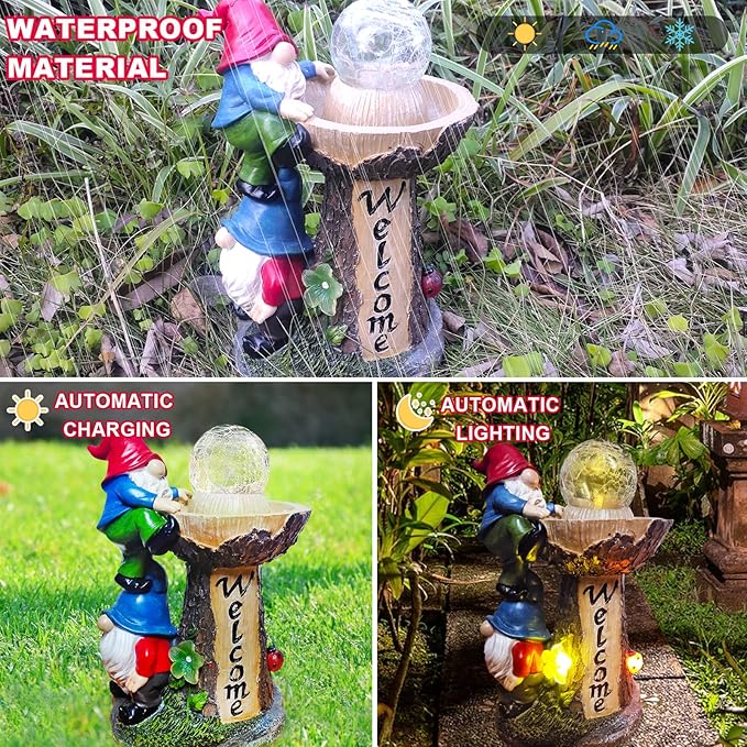 Garden Gnome Statues, Garden Statues for Outside with Solar LED Lights,10.4 in Funny Double Gnomes Sculptures Outdoor Decorations for Yard, Ideal Gnomes Gifts for Women/Grandma/Mom