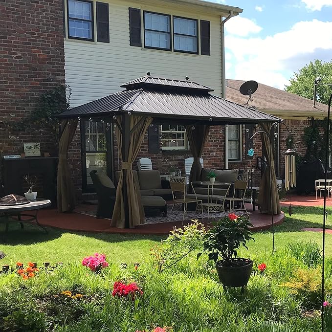 YOLENY 10'x13' Hardtop Gazebo with Galvanized Steel Double Roof, Pergolas Aluminum Frame, Netting and Curtains Included, Metal Outdoor Gazebos for Garden, Patios, Lawns, Parties