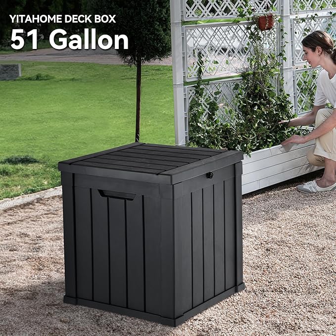 YITAHOME 51 Gallon Outdoor Storage Deck Box, Waterproof Resin Package Delivery and Storage Box with Lockable Lid for Patio Furniture Cushions, Pool Accessories, Garden Tools, Black