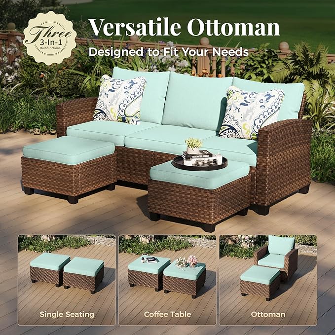 Patio Furniture Set, 5 Pcs Wicker Rattan Outdoor Conversation Set, 2 x Leg Chairs, 1 x 3 Seater Sofa and 2 x Ottoman with 4" Thick Cushion for Garden Backyard Deck, Blue