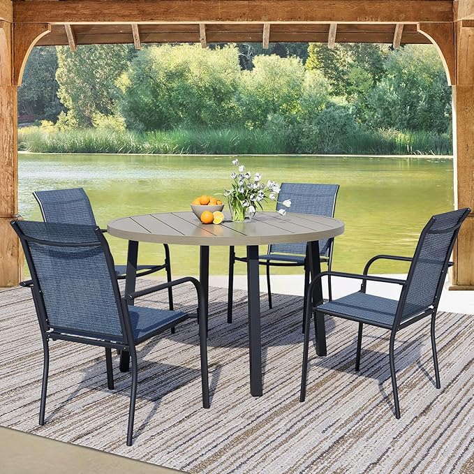 5 Pieces Round Dining Table Set for 4, Patio Dining Set Includes 4 Blue Stackable Patio Chairs and 1 Honey Oak Round Table, Patio Furniture Sets with Sling Support for Outside, Garden