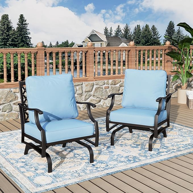 Patio Chairs Set of 2, High Back Outdoor Patio Metal Chairs with 5.75" Thick Cushions for Bistro Balcony Porch Deck and Yard, Blue