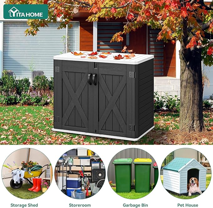 YITAHOME Outdoor Horizontal Storage Shed with X-Shaped Lockable Door, 35 Cu Ft Weather Resistant Resin Tool Shed w/o Shelf, Ideal for Bike, Trash Cans, Garden Tools, Lawn Mowers, Dark Gray