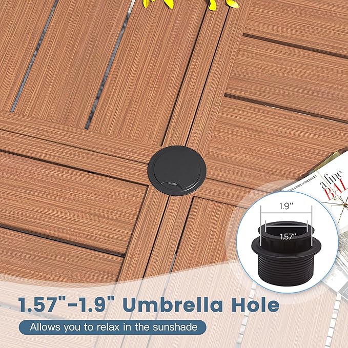 DIFY 53.1" Round Outdoor Patio Dining Table for 6-8, All-Weather Metal Steel Slatted Patio Table with 1.57" Adjustable Umbrella Hole, for Lawn Garden Porch Backyard, Walnut