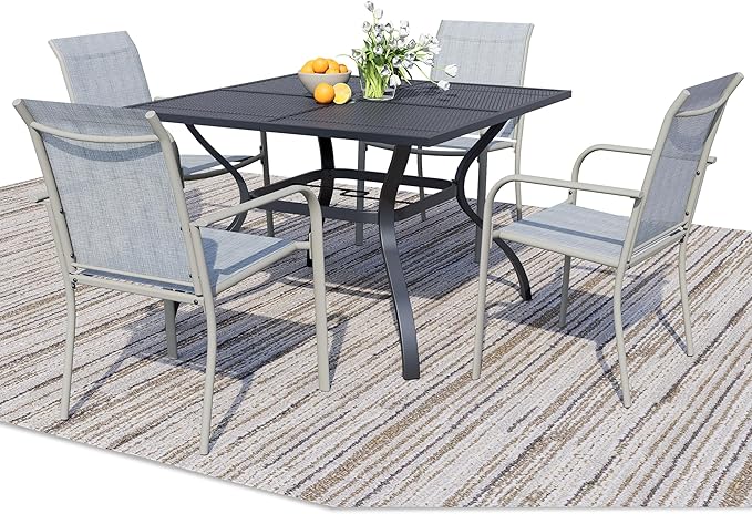 5 Pieces Sqaure Dining Table Set for 4, Patio Dining Set Includes 4 Beige Blue Stackable Patio Chairs and 1 Black Mesh Square Table, Patio Furniture Sets with Sling Support for Outside, Garden