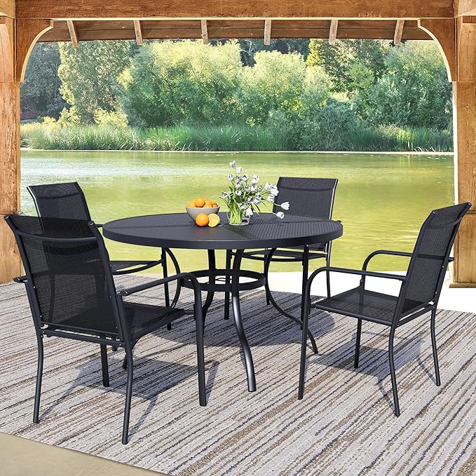 5 Pieces Round Dining Table Set for 4, Patio Dining Set Includes 4 Black Stackable Patio Chairs and 1 Black Mesh Round Table, Patio Furniture Sets with Sling Support for Outside, Garden