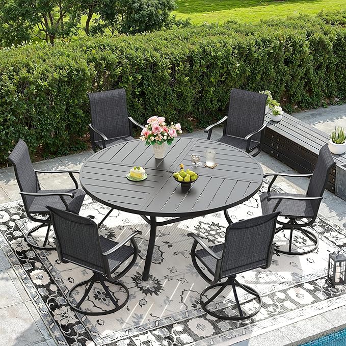 DIFY 7 Pieces Outdoor Patio Dining Set, 6 Dark Grey Textilene Swivel Dining Chairs and 53.1" Black Round Metal Dining Table, Outdoor Table and Chairs