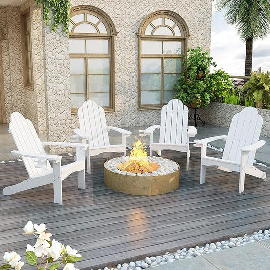 LUE BONA HDPS Adirondack Chairs Set of 6, Fire Pit Outdoor Chair Weather Resistant with Cup Holder, Modern Plastic Chair Plastic for Patio, Deck, Proch, 350LBS, White