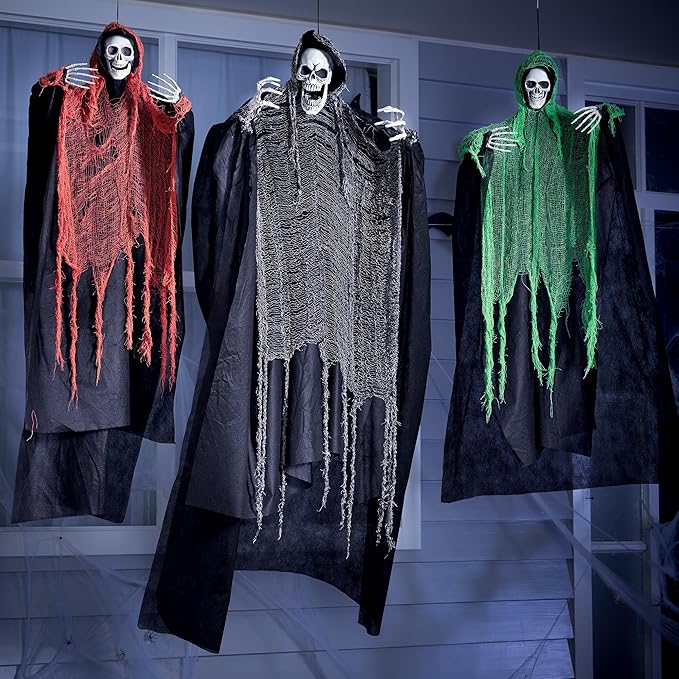 JOYIN 3 Pcs Halloween Hanging Grim Reapers, one 63” Two 47” Grim Reapers, Halloween Skeleton Outdoor Decoration Flying Ghost for Haunted Haunted House Prop, Party Supplies Decor
