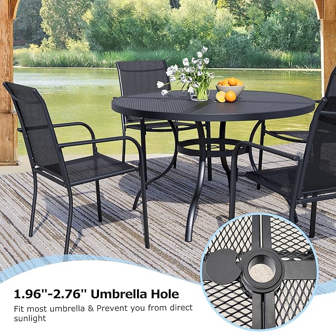 5 Pieces Round Dining Table Set for 4, Patio Dining Set Includes 4 Black Stackable Patio Chairs and 1 Black Mesh Round Table, Patio Furniture Sets with Sling Support for Outside, Garden