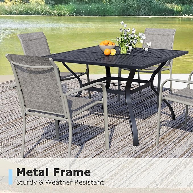 5 Pieces Sqaure Dining Table Set for 4, Patio Dining Set Includes 4 Grey Stackable Patio Chairs and 1 Black Mesh Square Table, Patio Furniture Sets with Sling Support for Outside, Garden