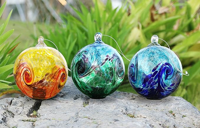 6-Inch Solar Hanging Glass Gazing Ball Outdoor Garden Décor Aqua-Blue Swirl