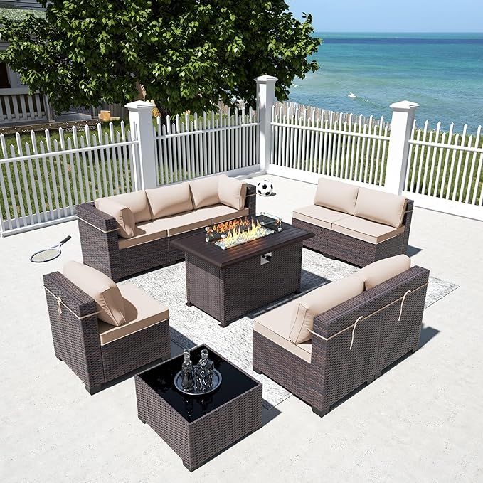 Outdoor Patio Furniture Sets with Propane Fire Pit Table, 10 Pieces Outdoor Furniture Patio Sectional Sofa Conversation Set w/ETL Approved 43" Gas Outdoor Fire Table & Coffee Table Brown.
