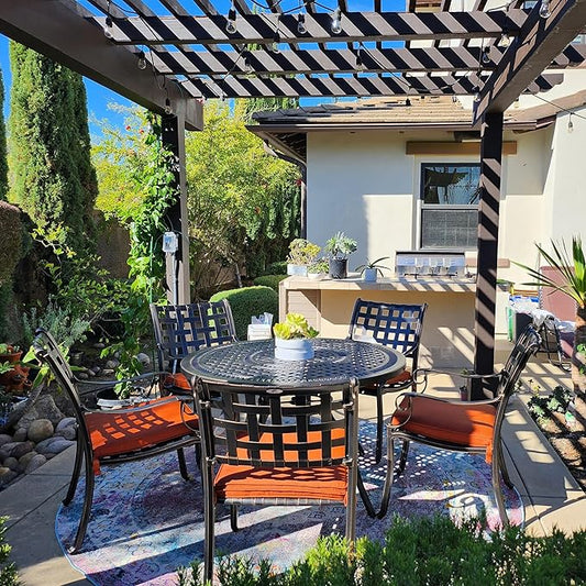 PURPLE LEAF Patio Dining Set Cast Aluminum 7-Piece Patio Furniture Set with 6 Dining Armchairs and 47" Round Table, 6 Cushions Included, for Lawn Yard Garden, Lattice Brick Red Outdoor Dining Set