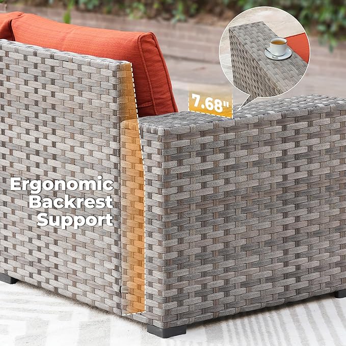 ovios 10 Pieces Patio Furniture Set, Outdoor Wicker Sectional Sofa with 54" Fire Pit Table Swivel Chairs, Modern Modular Deep Seat Rattan Couch Conversation Sets, Orange Red