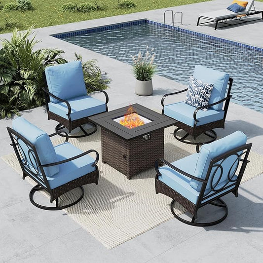MFSTUDIO 5 Pieces Outdoor Patio Furniture Set, Metal Outdoor Conversation Sofa, Rattan Wicker Patio Sectional Sofa Set with 4 x Swivel Single Sofa, 1 x Fire Pit Table, Blue