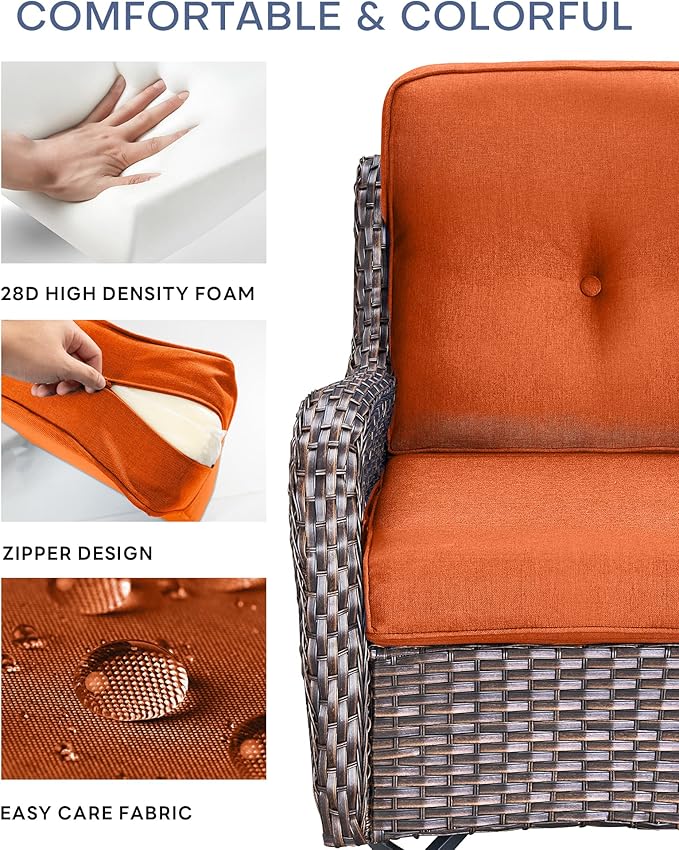 Pop 22x25/22x24 Outdoor Cushions for Patio Couch Chairs Set of 3 - High Back Comfy Outside Seat Cushions for Wicker Dining Rocker Glider Loveseat 3-Seater Sectional Sofa - Orange/Button