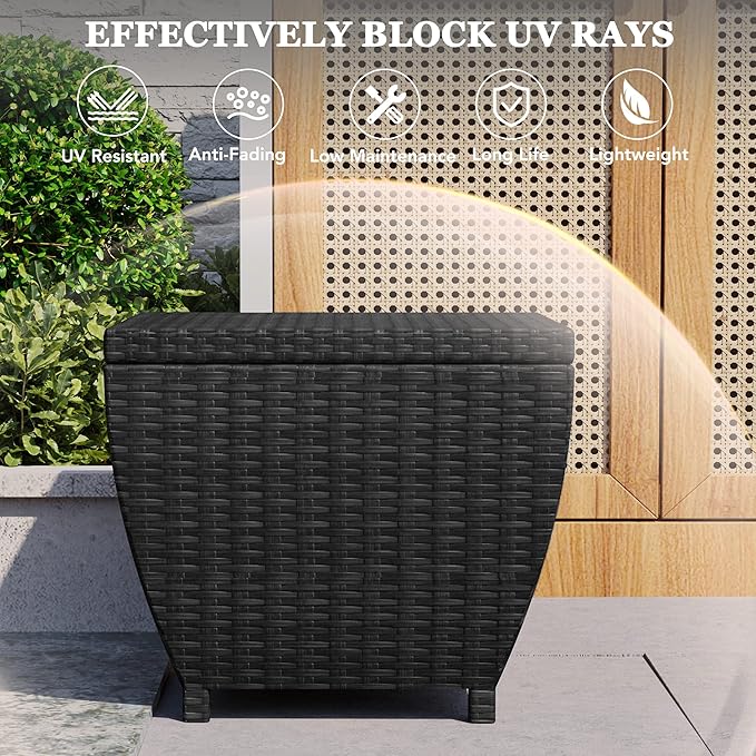 Outdoor Wicker Storage Box with Cover, 13 Gallon PE Rattan Deck Box for Outside with Waterproof Liner, Patio Storage Chest with Hinged Lid for Cushions, Pillows, Towels, Horizontal Bin, Black