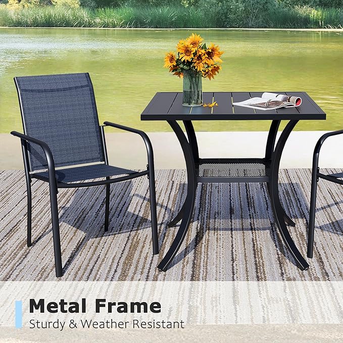 3 Pieces Round Dining Table Set for 2, Patio Dining Set Includes 2 Dark Blue Stackable Patio Chairs and 27.6" Black Metal Square Table, Patio Furniture Sets with Sling Support for Outside, Garden