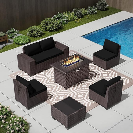 Outdoor Patio Furniture Set with Propane Fire Pit Table, 7 Pieces Outdoor Furniture Patio Sectional Sofa Conversation Sets w/ETL Approved 43" Gas Outdoor Fire Table & Coffee Table (Black)