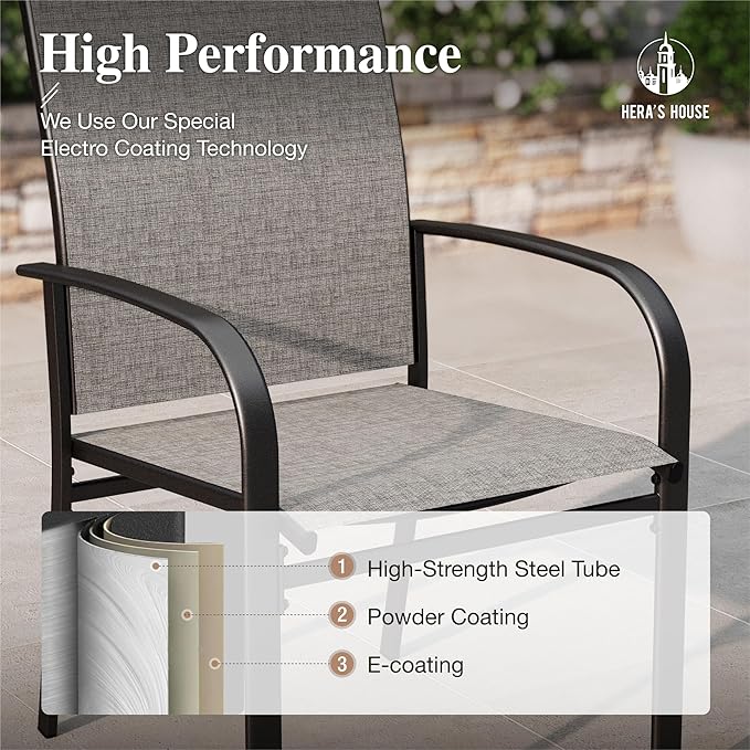 HERA'S HOUSE Patio Dining Chairs Set of 6, 36" Textilene Fabric Outdoor Chair with Wrought Iron Metal Frame Support 350lbs for Lawn Garden Backyard, Brown