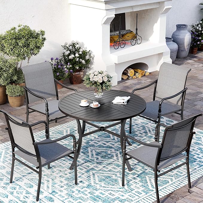 Patio Table and Chairs Set of 4, All-Weather Breathable Textilene Patio Chair with Gourd-Shaped Armrests, 42x42 Round Table with Umbrella Hole, 5 Pcs Metal Frame Patio Dining Set