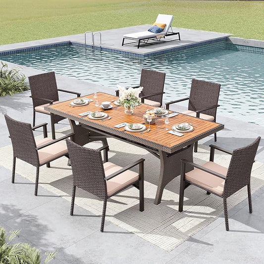 MFSTUDIO Patio Dining Sets for 6, Outdoor Table and Chairs, 74’’ Wood Top Rectangular Table Set with Chairs, 7 Pieces Patio Outdoor Dining Furniture Set, Deck, Backyard, Porch