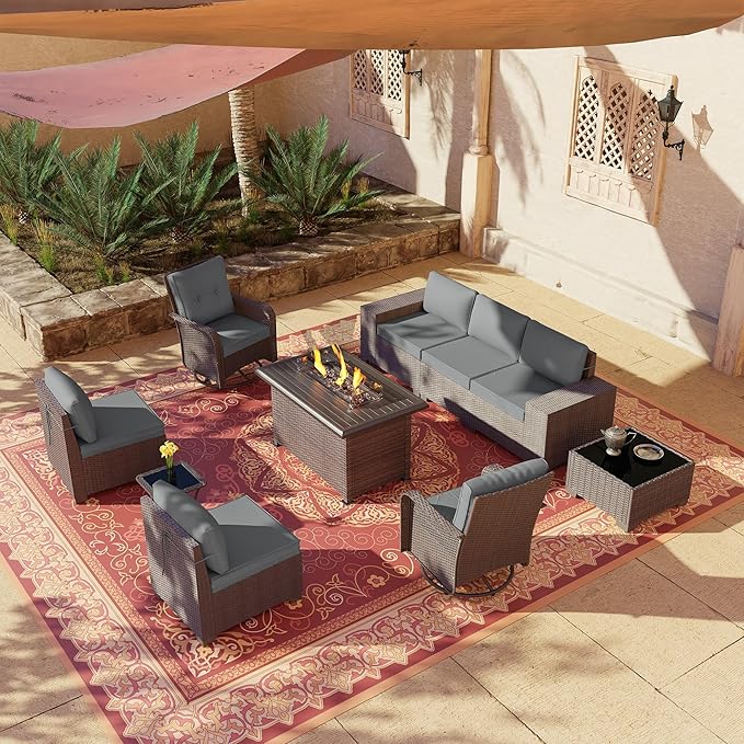 10 Pieces Outdoor Patio Furniture Set Outdoor Furniture Patio Sectional Sofa Conversation Sets w/ETL Approved 45" Gas Outdoor Fire Table & Coffee Table, Swivel Rocking Chair (Grey)