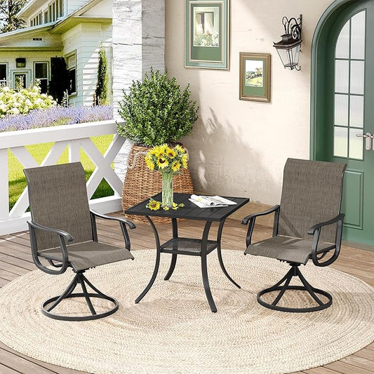 DIFY 3 Pieces Outdoor Patio Dining Set for 2, 27.6" Small Black Square Metal Dining Table and 2 Brown Textilene Swivel Dining Chairs, Outdoor Table and Chairs
