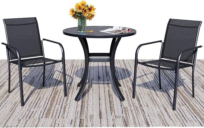 3 Pieces Round Dining Table Set for 2, Patio Dining Set Includes 2 Black Stackable Patio Chairs and 27.6" Black Metal Round Table, Patio Furniture Sets with Sling Support for Outside, Garden