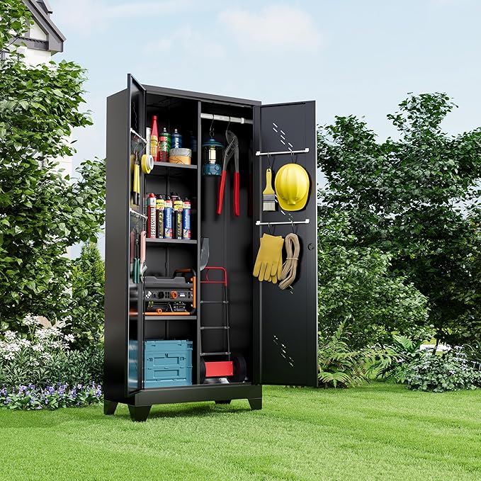 71" Metal Tools Storage Cabinet with Doors and Shelves, Outdoor Storage Sheds with Lock, Black Cleaning Supplies Organization Cabinet with Hanging Rod for Garage, Outdoor,