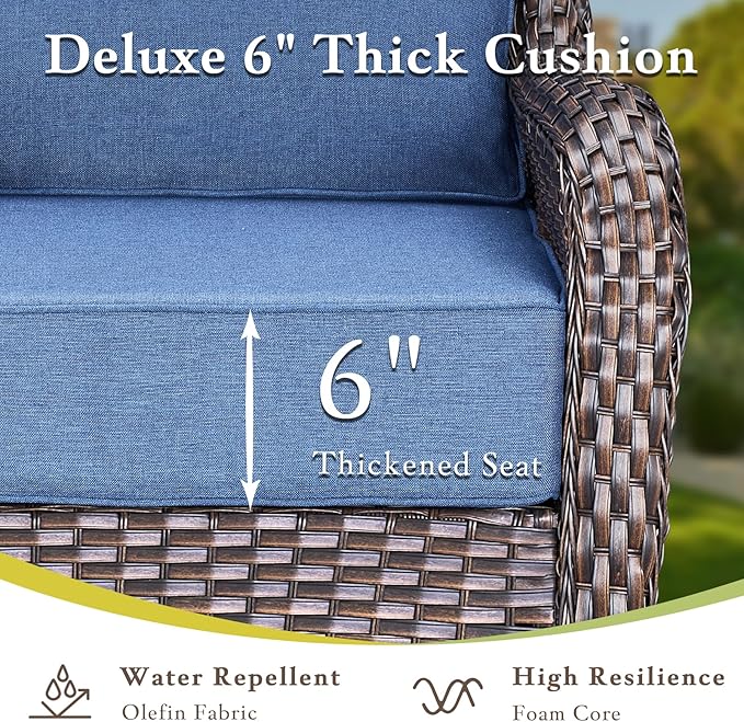 Luxury High Back Outdoor Furniture with 6-inch Extra Thick Cushions, Patio Furniture Set with Swivel Chairs, 8 PCS Wicker Conversation Set for Yard, Deck, Poolside, Brown/Blue