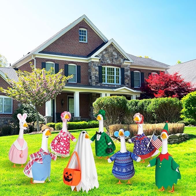 8 Set Seasonal Holiday Goose Outfits Fall Halloween Christmas Summer All Seasons Lawn Porch Goose Clothes Costume for 23" Cement Statue Garden Patio Outdoor Decoration(Basic Style)