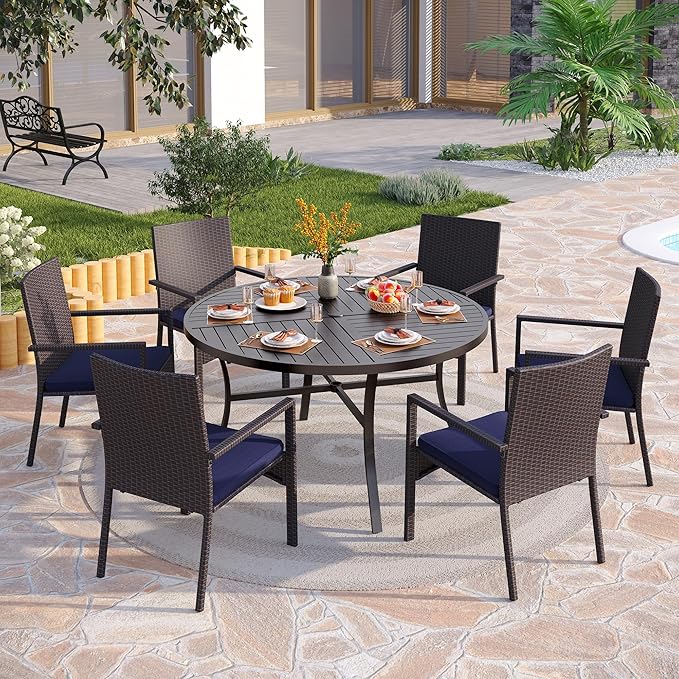 PHI VILLA 7 Pieces Outdoor Round Dining Set for 6, Large Wrought Iron Dining Table with Umbrella Hole & Cushioned Wicker Rattan Chairs, Dining Furniture Set for Patio, Deck, Yard, Porch