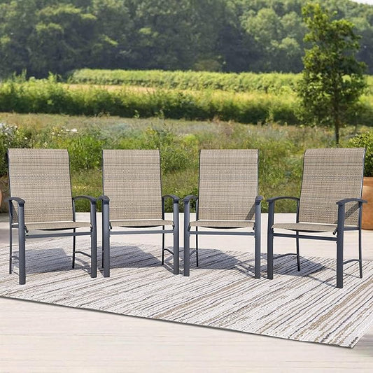 Outdoor Dining Chairs Set of 4, Stackable Patio Chairs with Metal Frame & Textilene Fabric, Perfect for Patio Garden Deck, Mocha