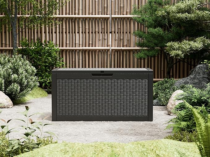 59 Gallon Outdoor Storage Deck Box Waterproof,Large Resin Storage Container for Outside,Patio Accessories for Outsid,Backyard Delivery Boxes,Lockable Lid,Rattan Black