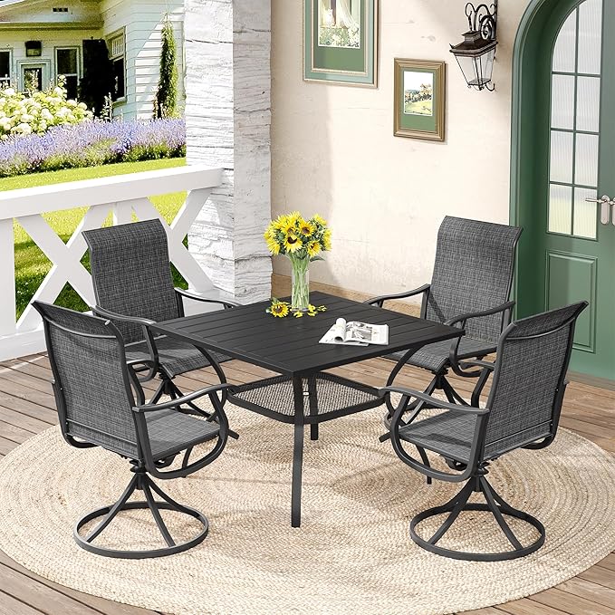 DIFY 5 Pieces Outdoor Patio Dining Set for 4, 37.8" Black Metal Square Dining Table and 4 Dark Grey Textilene Patio Swivel Chairs, Outdoor Table and Chairs