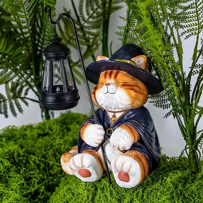 Decorative Solar Wizard Cat Lantern Garden Statue, Outdoor Figurine Light with Black Metal Lamp Post for Garden Decoration Outdoor Decor