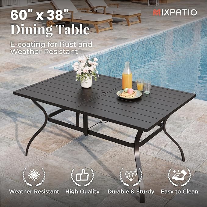 Patio Table and Chairs Set, Patio Dining Set for 6 with Brown Chairs and Metal Rectangular Table for Deck Backyard Lawn Poolside