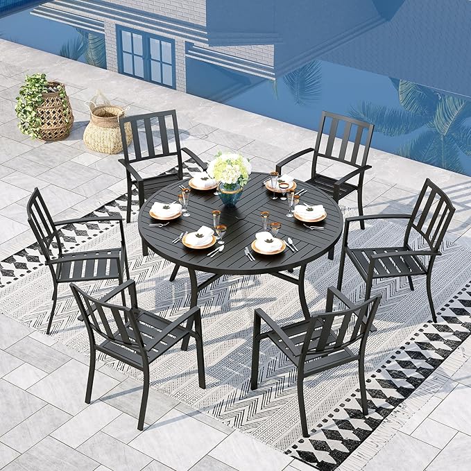 Sophia & William Round Patio Table and Chairs Set, Outdoor Dining Set for 6, 7 Piece Metal Patio Furniture, 54" Black Table(Stripe)