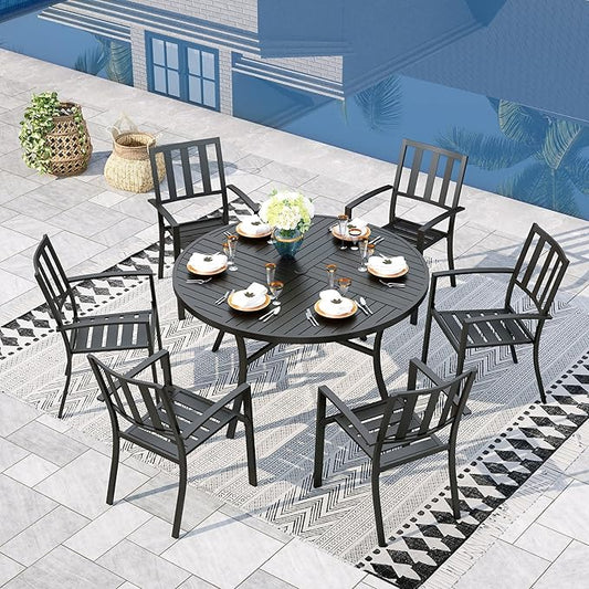 Sophia & William Round Patio Table and Chairs Set, Outdoor Dining Set for 6, 7 Piece Metal Patio Furniture, 54" Black Table(Stripe)