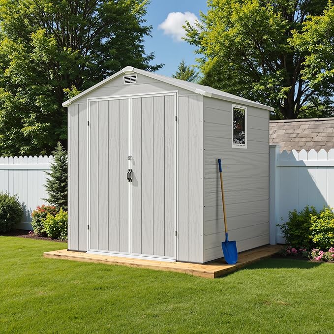 Greesum 6x6FT Plastic Outdoor Storage Shed with Floor, Resin Sheds with Lockable Double Door, Window & Vents, All-Weather Tool Sheds for Garden, Backyard, Patio, Light Gray