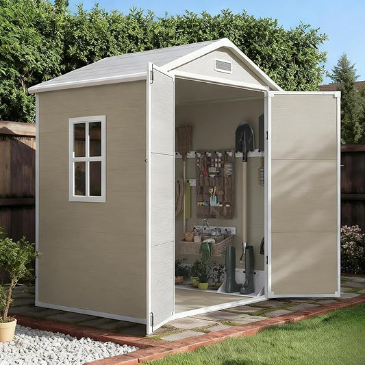 Outdoor Shed 5x3/6x4/7x7/8x6/8x10/8x12 FT, 15MM Thick PP Resin Plastic Shed with Lockable Door & Floor - Waterproof Plastic Tool Shed for Bike, Garbage Can, Backyard, Patio ﻿ ﻿ (Light Brown, 6x4FT)