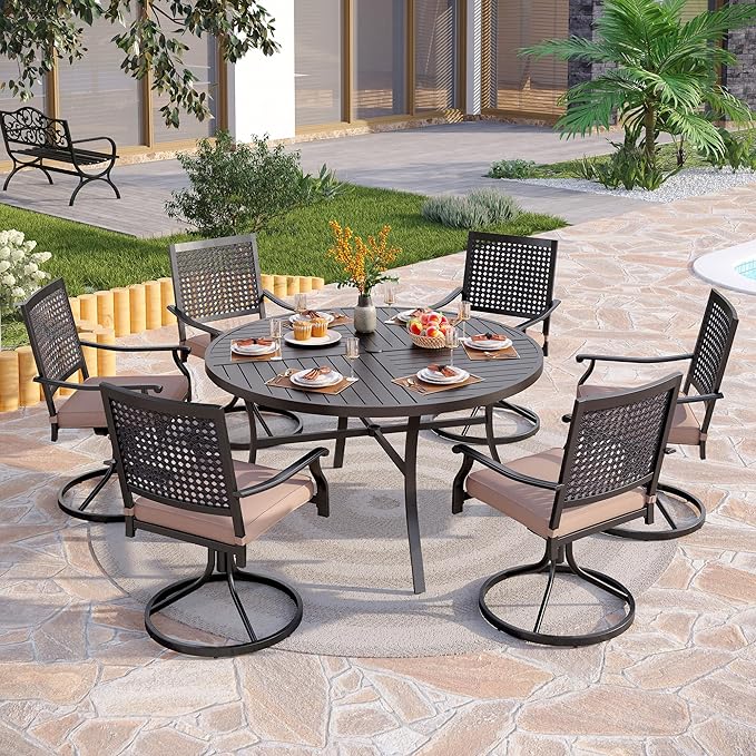 PHI VILLA 7 Pieces Outdoor Round Dining Set for 6, Large Wrought Iron Table with Umbrella Hole & Swivel Metal Chairs with Cushions, Modern Furniture Set for Patio, Deck, Yard, Porch