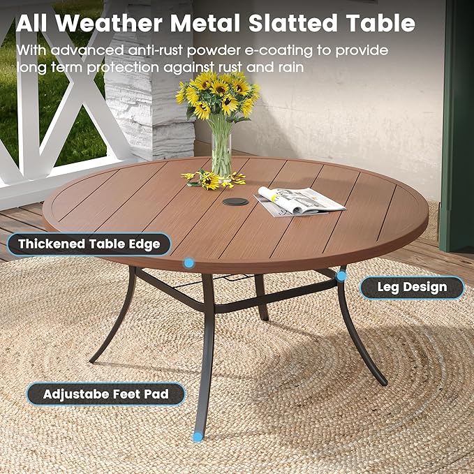 DIFY 9 Pieces Outdoor Patio Dining Set, 8 Brown Textilene Swivel Dining Chairs and 60" Walnut Round Metal Dining Table, Outdoor Table and Chairs