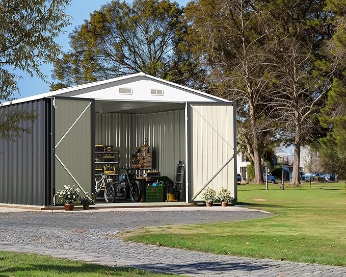Greesum 10x10FT Outdoor Storage Shed, Utility Tool Shed Metal Storage Garden Shed with Door & Lock for Patio Storage, Gray