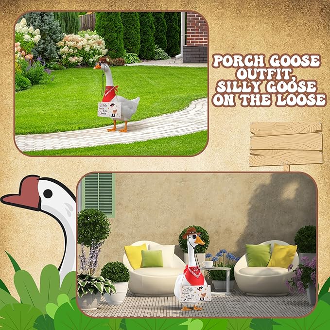 4pcs Western Cowboy Porch Goose Outfits, Silly Goose on The Loose Hangings Sign Cowboy Hat Bandana Glasses for 17 or 23 inches Statue Outdoor Patio Yard Lawn Art (Brown, Red)