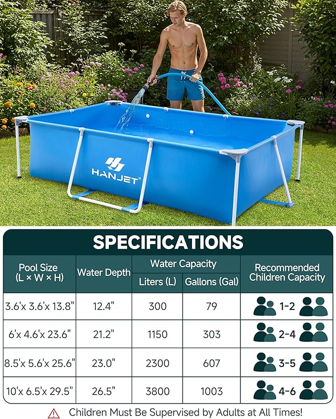 10ft x 6.5ft x 29.5in Large Rectangle Above Ground Pool for Kids, Swimming Pool Set for Backyard, Odor-Free Non-Toxic Material, Easy Clean Design with Reinforced Steel Frame